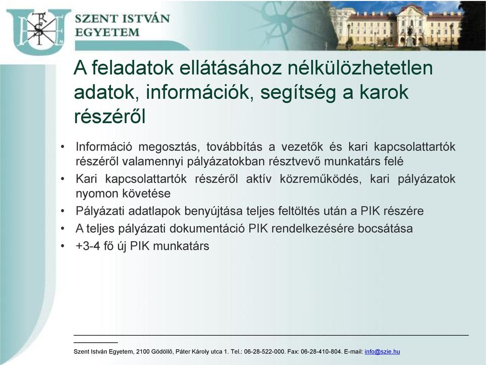 kapcsolattartók részéről aktív közreműködés, kari pályázatok nyomon követése Pályázati adatlapok benyújtása