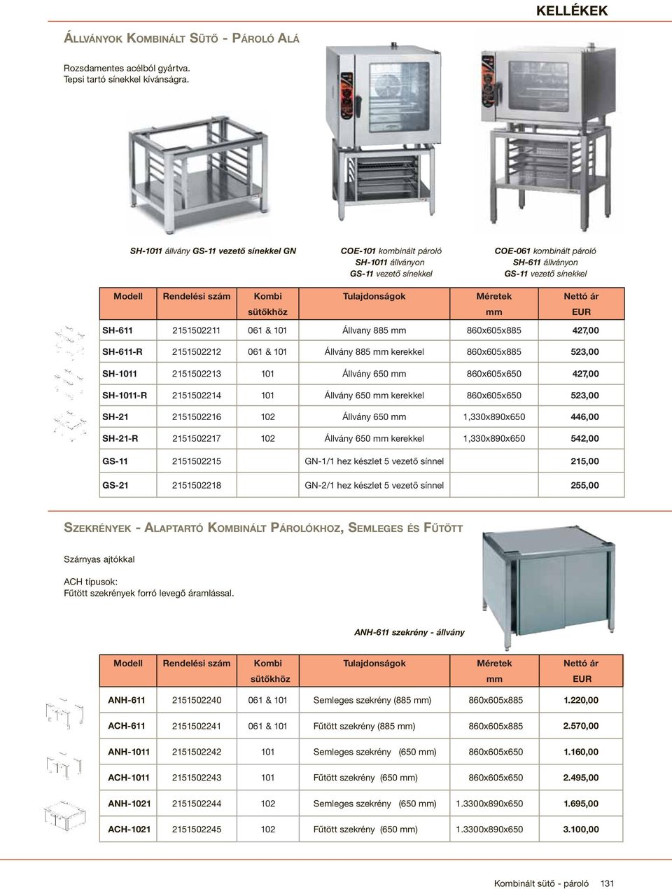 Tulajdonságok Méretek Nettó ár sütőkhöz mm EUR SH-611 2151502211 061 & 101 Állvany 885 mm 860x605x885 427,00 SH-611-R 2151502212 061 & 101 Állvány 885 mm kerekkel 860x605x885 523,00 SH-1011