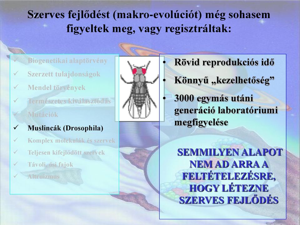 szervek Teljesen kifejlődött szervek Távoli, ősi fajok Altruizmus Rövid reprodukciós idő Könnyű kezelhetőség 3000