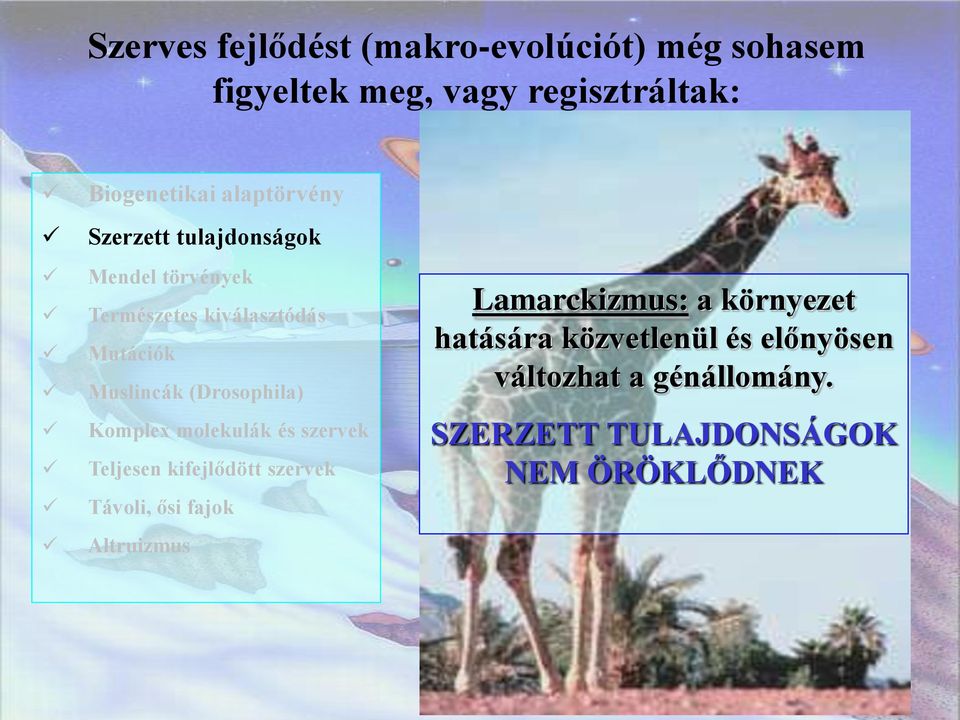 (Drosophila) Komplex molekulák és szervek Teljesen kifejlődött szervek Távoli, ősi fajok Altruizmus