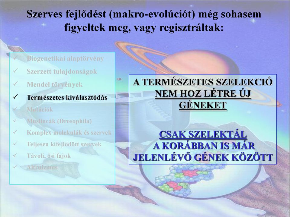 (Drosophila) Komplex molekulák és szervek Teljesen kifejlődött szervek Távoli, ősi fajok Altruizmus