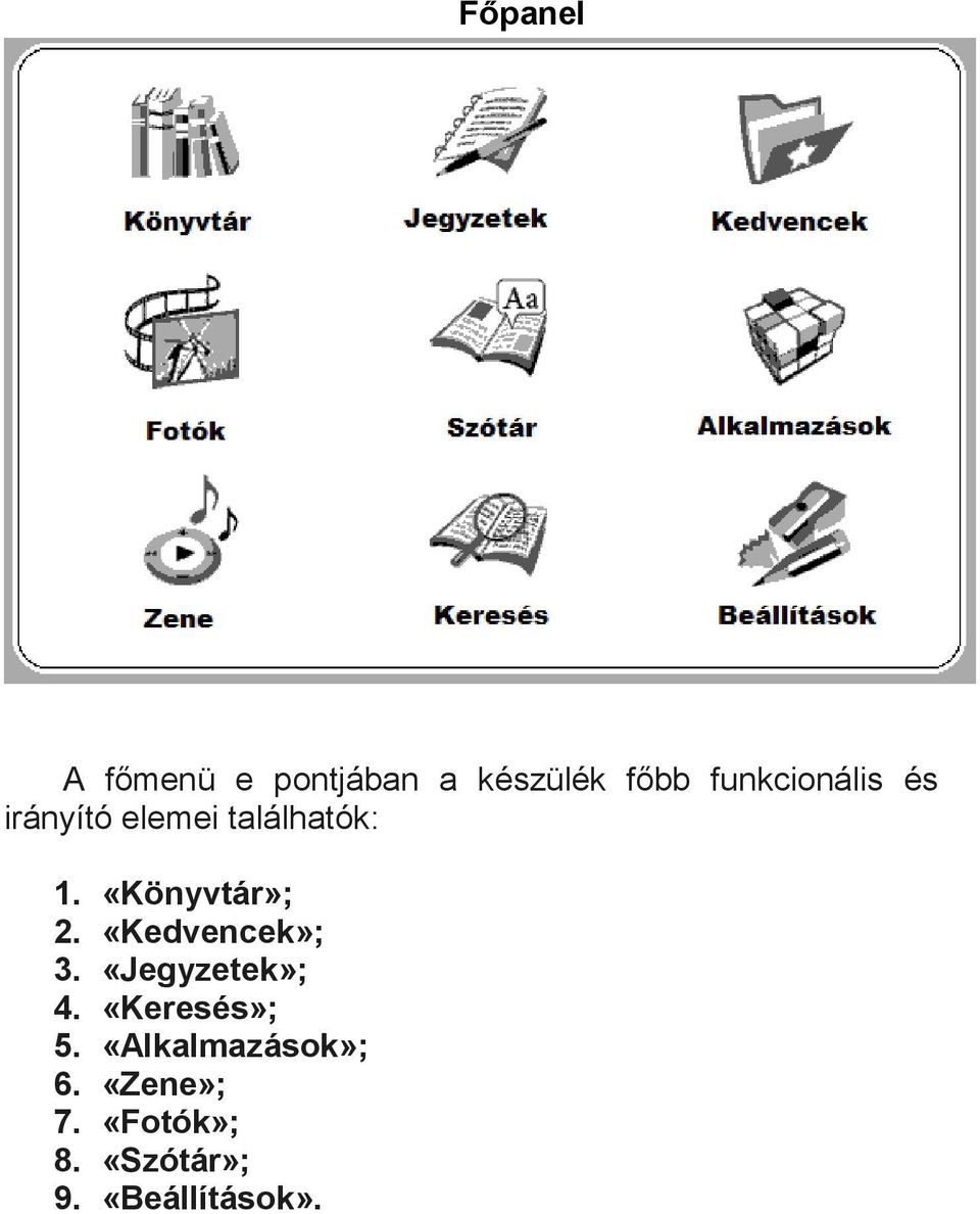 «Könyvtár»; 2. «Kedvencek»; 3. «Jegyzetek»; 4.