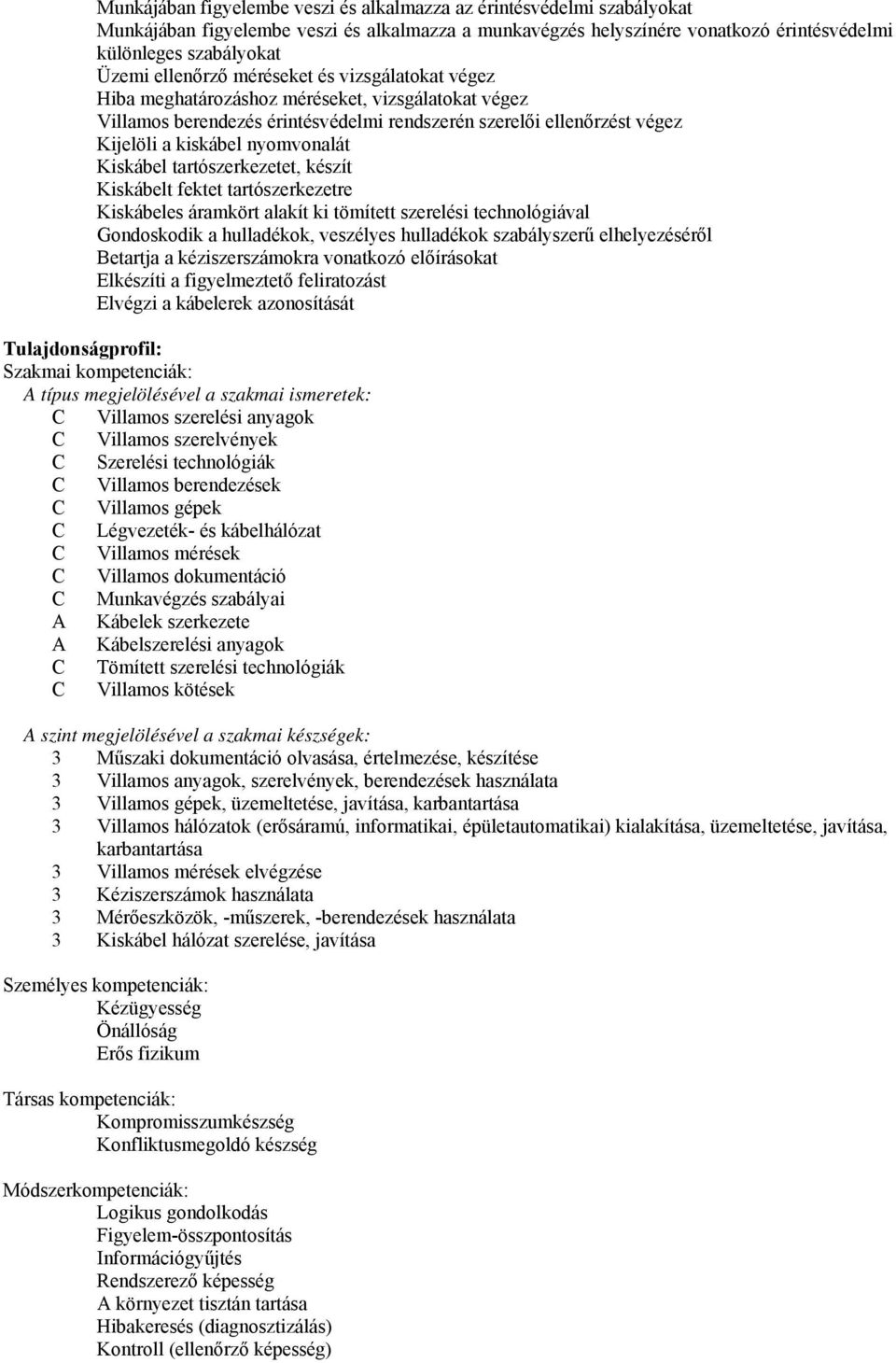 Kiskábel tartószerkezetet, készít Kiskábelt fektet tartószerkezetre Kiskábeles áramkört alakít ki tömített szerelési technológiával Gondoskodik a hulladékok, veszélyes hulladékok szabályszerű