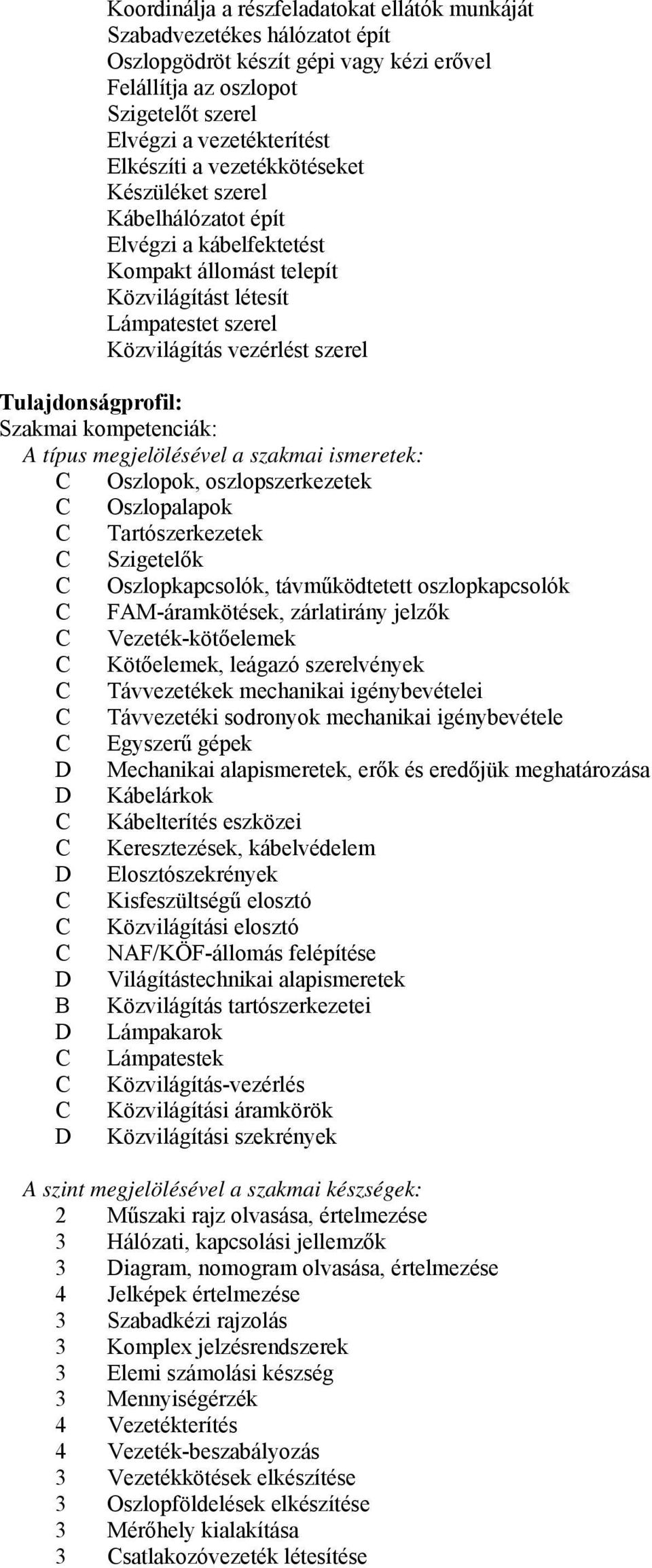 Szakmai kompetenciák: A típus megjelölésével a szakmai ismeretek: C Oszlopok, oszlopszerkezetek C Oszlopalapok C Tartószerkezetek C Szigetelők C Oszlopkapcsolók, távműködtetett oszlopkapcsolók C