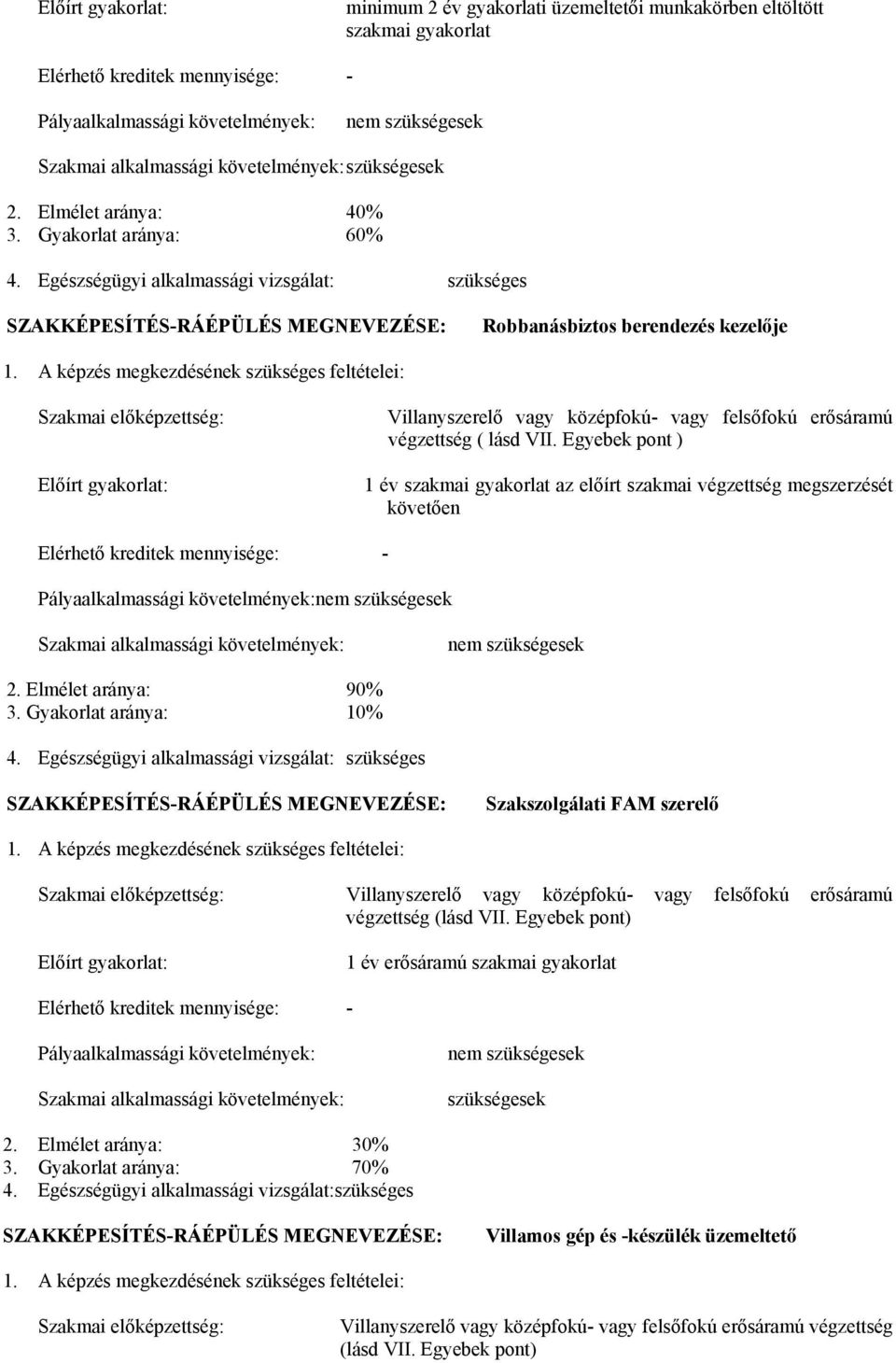 A képzés megkezdésének szükséges feltételei: Szakmai előképzettség: Előírt gyakorlat: Villanyszerelő vagy középfokú- vagy felsőfokú erősáramú végzettség ( lásd VII.