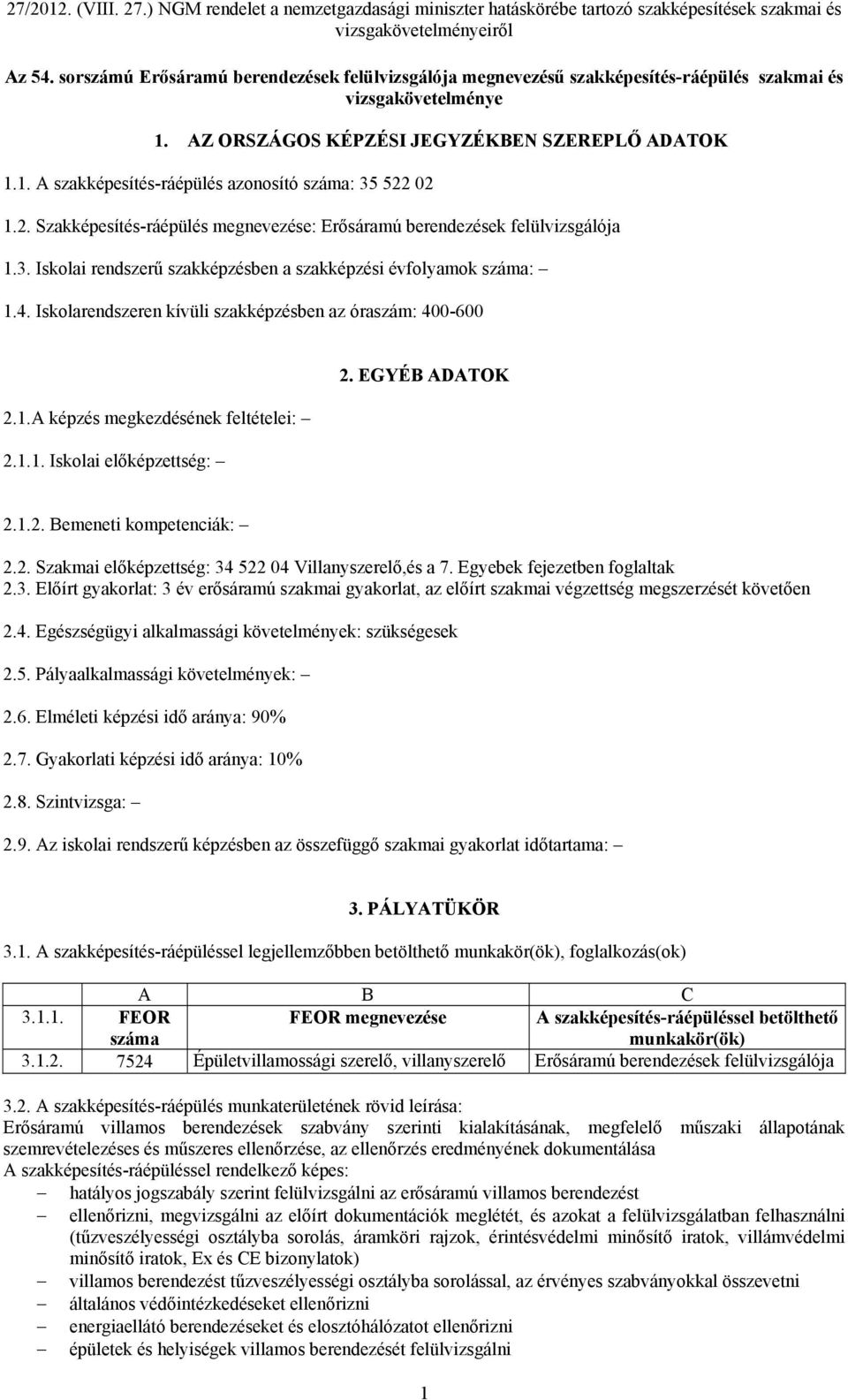 Iskolarendszeren kívüli szakképzésben az óraszám: 400-600 2.1.A képzés megkezdésének feltételei: 2.1.1. Iskolai előképzettség: 2. EGYÉB ADATOK 2.1.2. Bemeneti kompetenciák: 2.2. Szakmai előképzettség: 34 522 04 Villanyszerelő,és a 7.