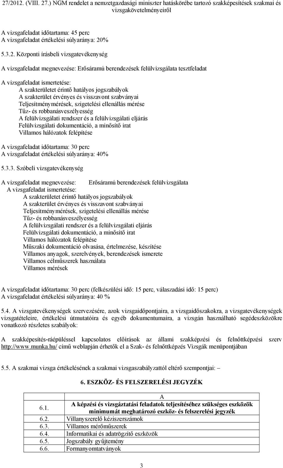 Központi írásbeli vizsgatevékenység A vizsgafeladat megnevezése: Erősáramú berendezések felülvizsgálata tesztfeladat A szakterületet érintő hatályos jogszabályok A szakterület érvényes és visszavont