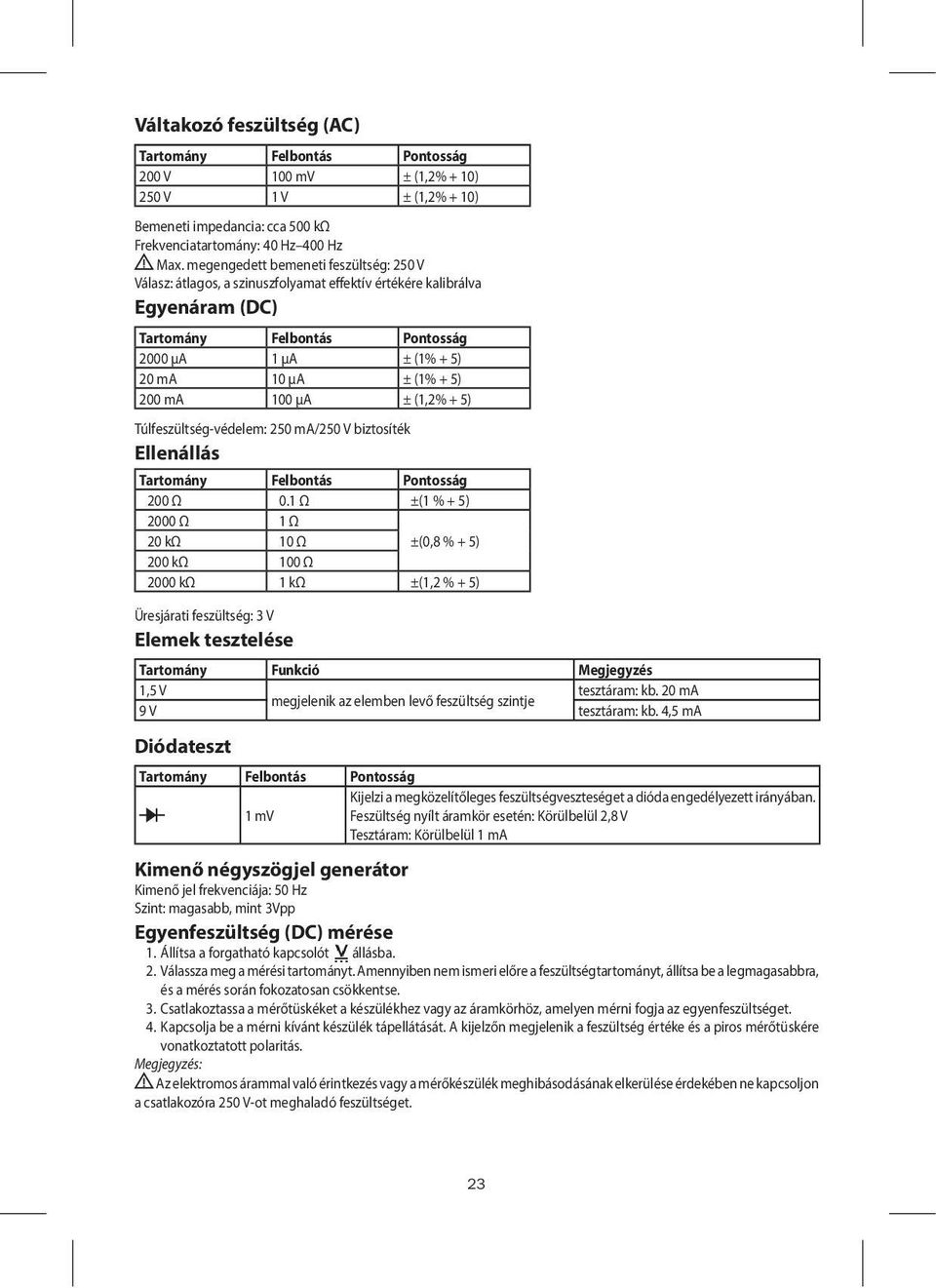 Túlfeszültség-védelem: 250 ma/250 V biztosíték Ellenállás 200 Ω 0.