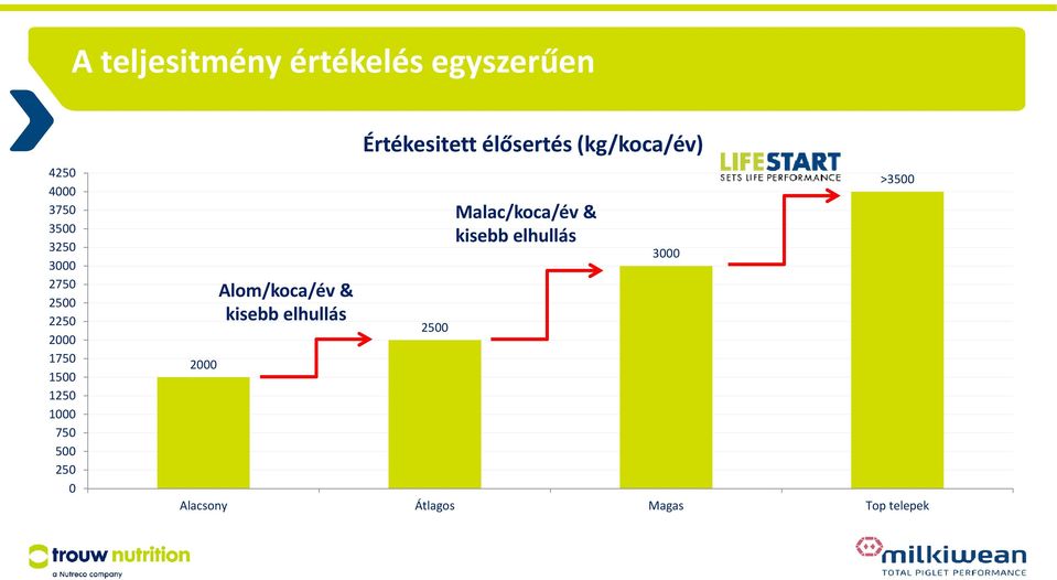 Alom/koca/év& kisebb elhullás Értékesitett élősertés(kg/koca/év)