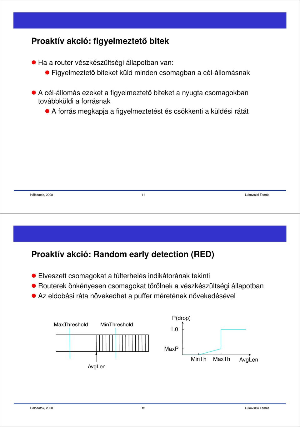 rátát 11 Proaktív akció: Random early detection (RED) Elveszett csomagokat a túlterhelés indikátorának tekinti Routerek önkényesen csomagokat törölnek