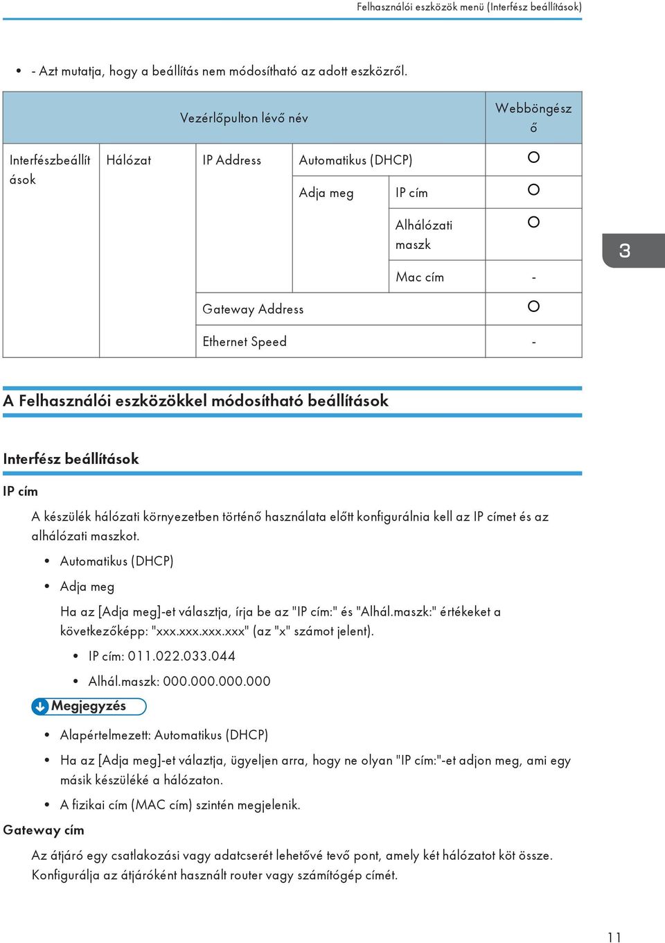 módosítható beállítások Interfész beállítások IP cím A készülék hálózati környezetben történő használata előtt konfigurálnia kell az IP címet és az alhálózati maszkot.