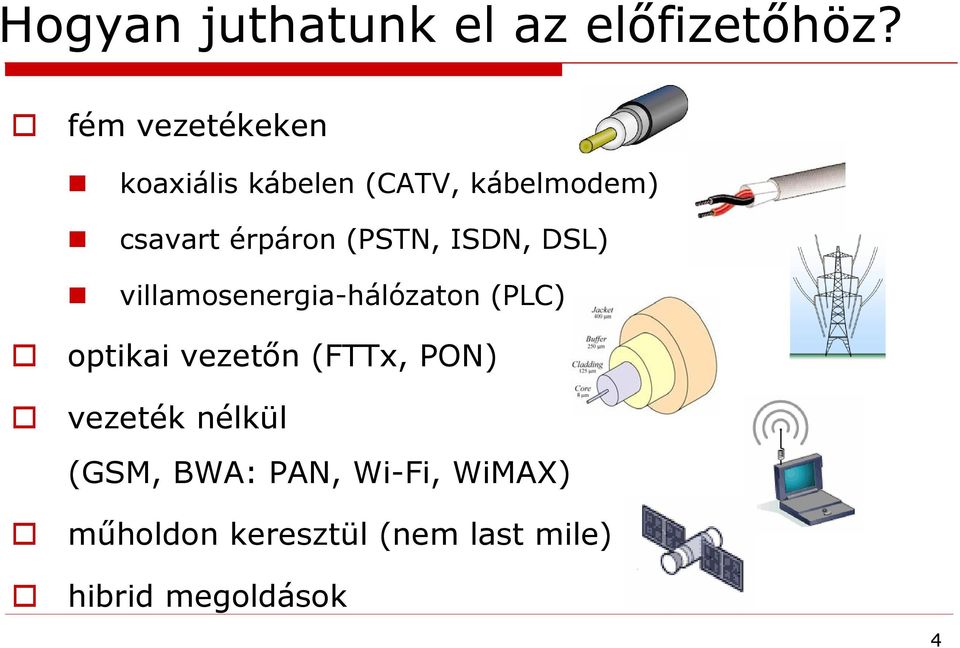 (PSTN, ISDN, DSL) villamosenergia-hálózaton (PLC) optikai vezetőn
