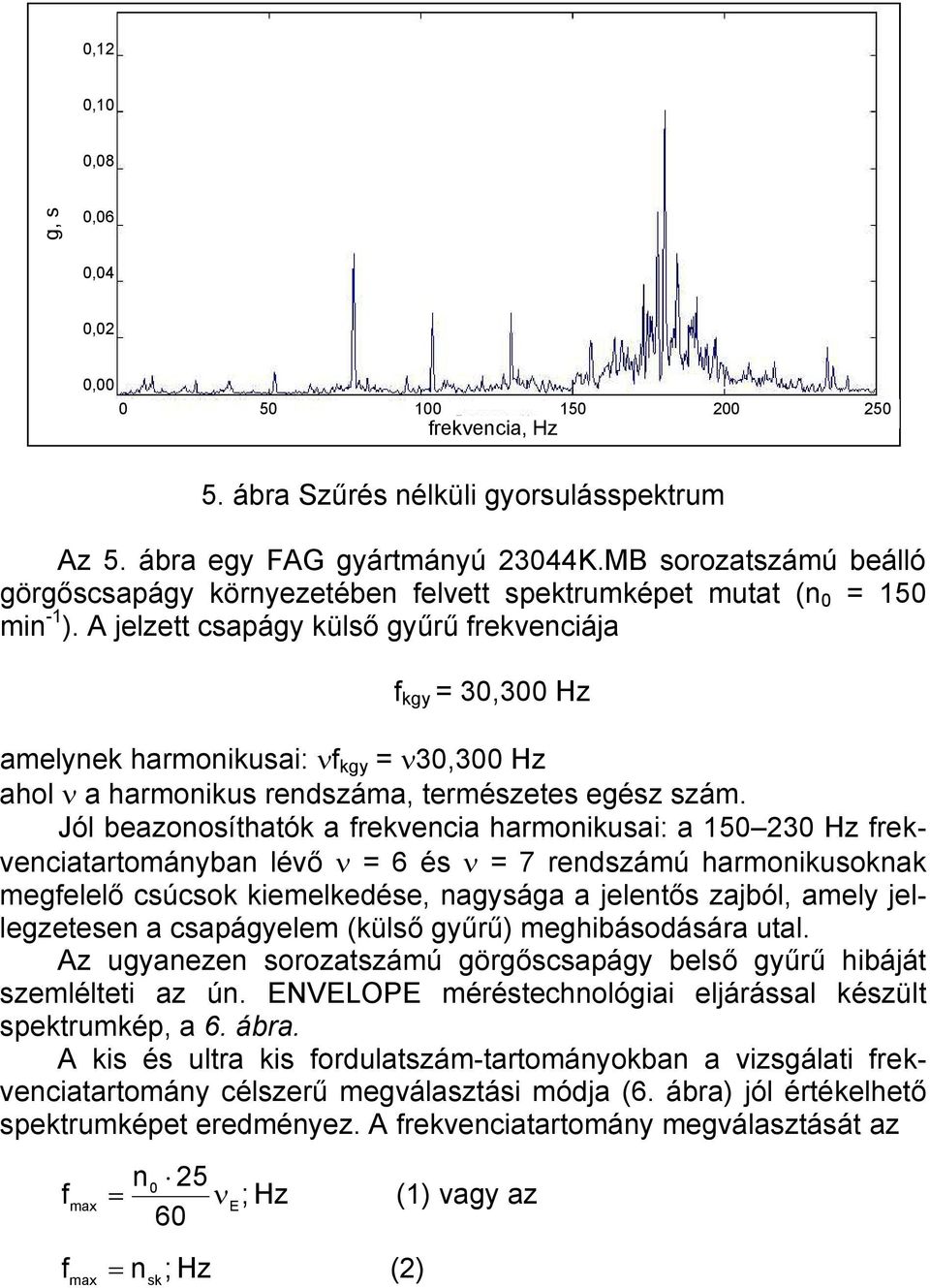 A jelzett csapágy külső gyűrű frekvenciája f kgy = 30,300 Hz amelynek harmonikusai: νf kgy = ν30,300 Hz ahol ν a harmonikus rendszáma, természetes egész szám.