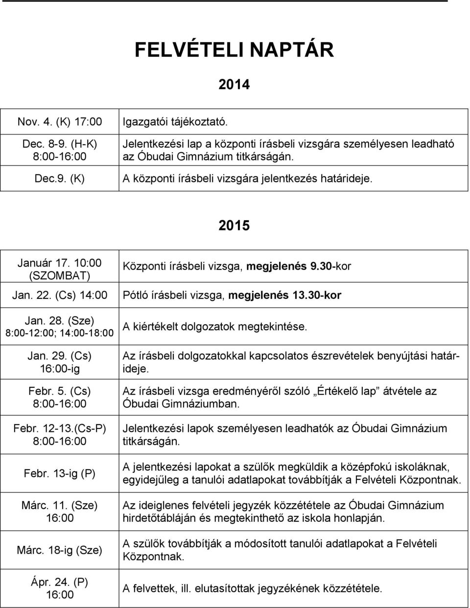 12-13.(Cs-P) 8:00-16:00 Febr. 13-ig (P) Márc. 11. (Sze) 16:00 Márc. 18-ig (Sze) Ápr. 24. (P) 16:00 Központi írásbeli vizsga, megjelenés 9.30-kor Pótló írásbeli vizsga, megjelenés 13.