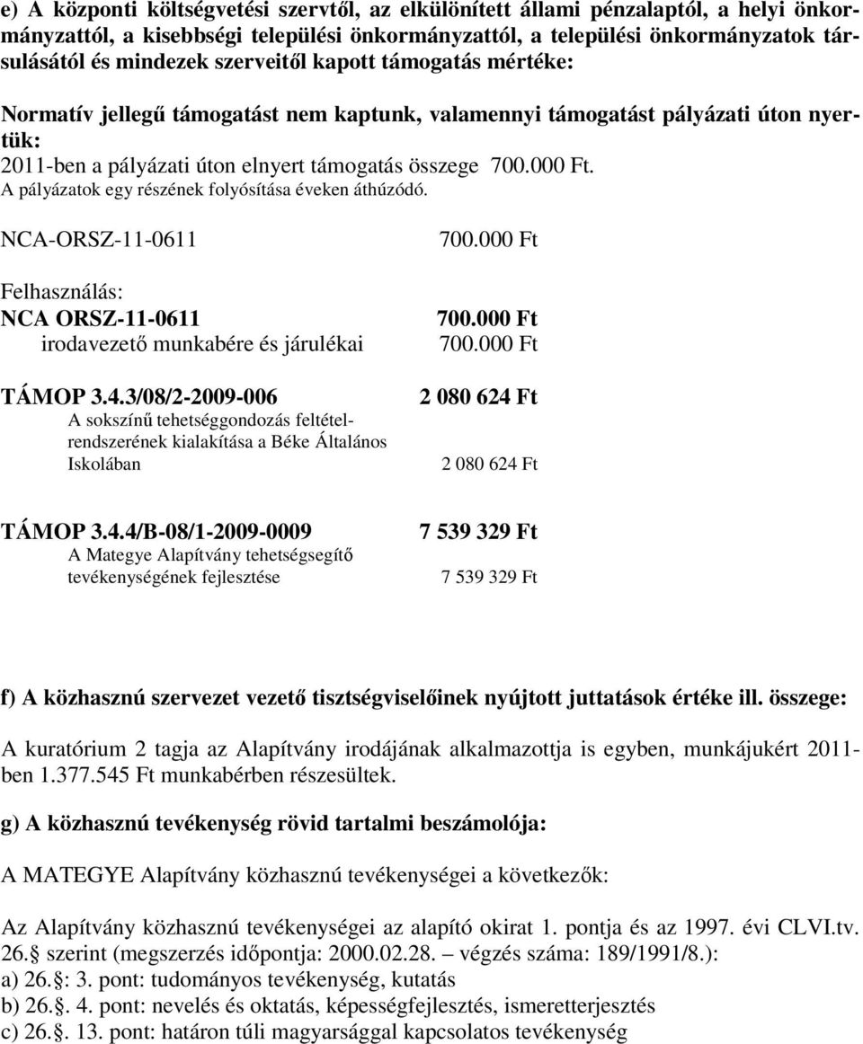 A pályázatok egy részének folyósítása éveken áthúzódó. NCA-ORSZ-11-0611 Felhasználás: NCA ORSZ-11-0611 irodavezető munkabére és járulékai TÁMOP 3.4.