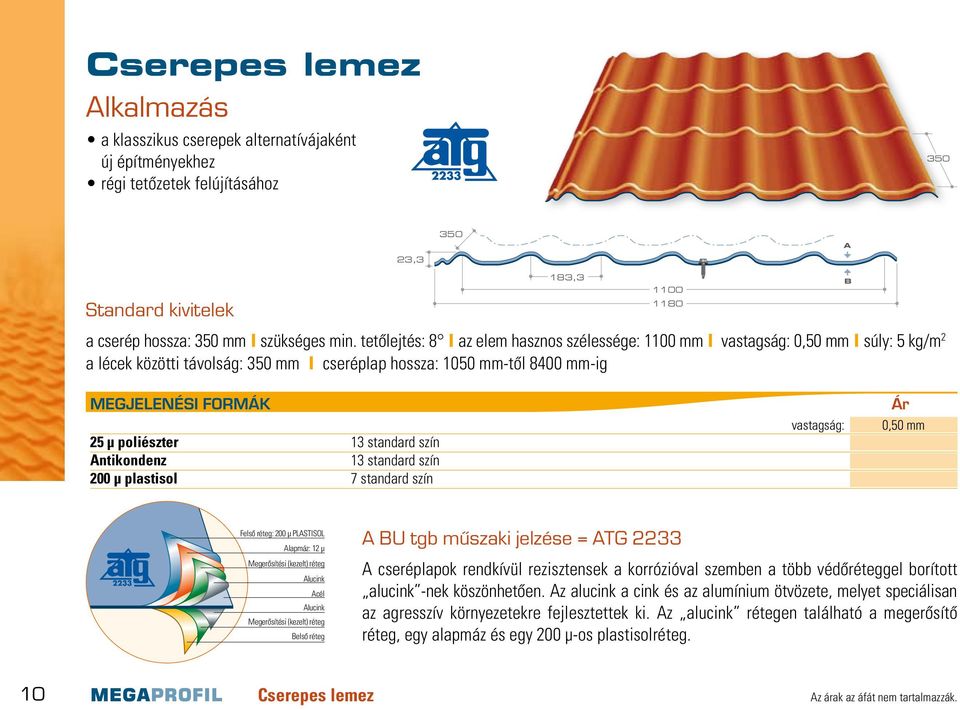 poliészter 13 standard szín Antikondenz 13 standard szín 200 µ plastisol 7 standard szín vastagság: Ár 0,50 mm Felsô réteg: 200 µ PLASTISOL Alapmáz: 12 µ Megerôsítési (kezelt) réteg Alucink Acél