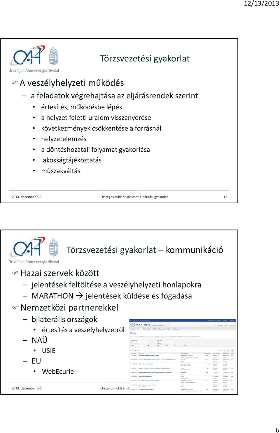 Országos nukleárisbaleset-elhárítási gyakorlat 11 Törzsvezetési gyakorlat kommunikáció Hazai szervek között jelentések feltöltése a veszélyhelyzeti honlapokra MARATHON