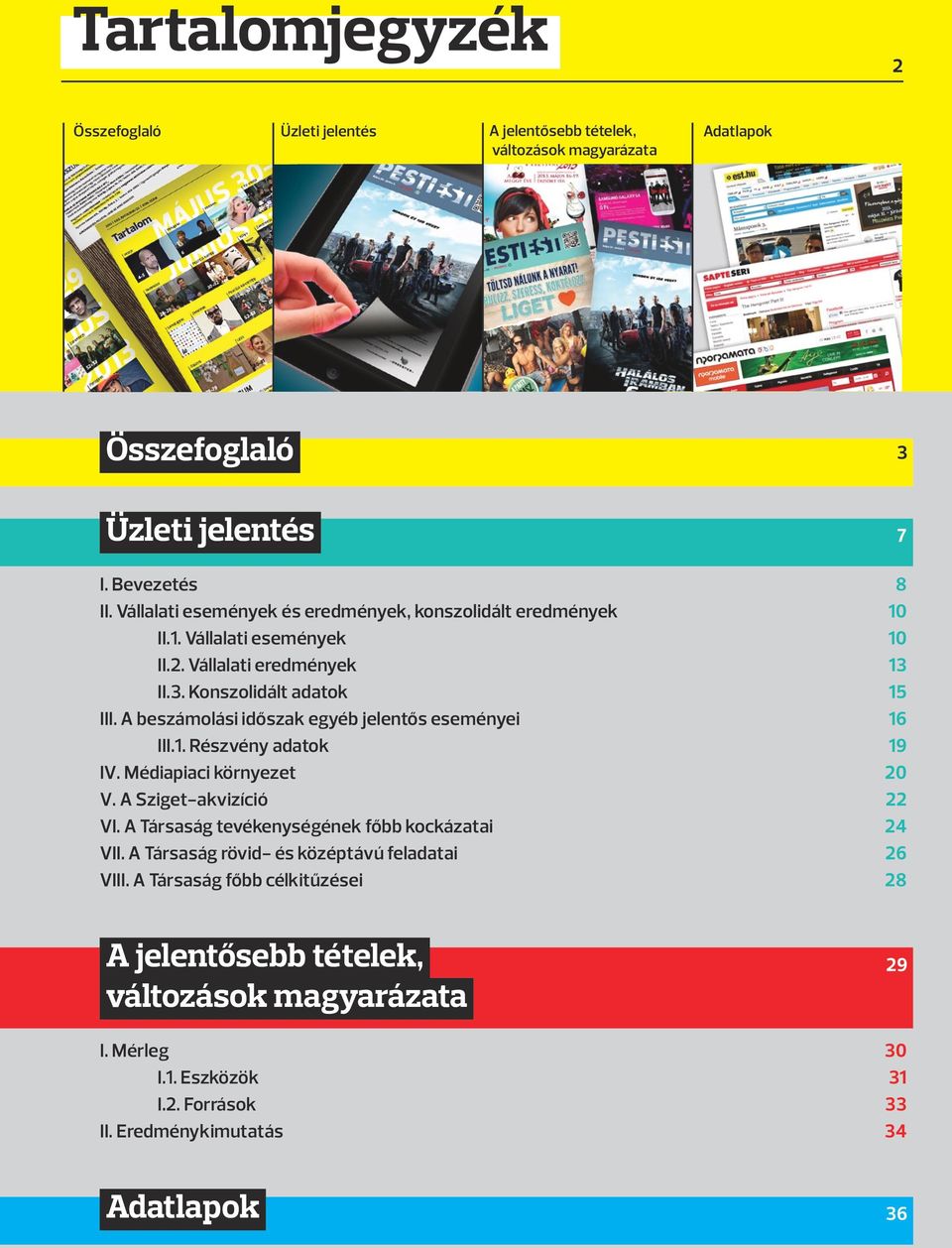 A beszámolási időszak egyéb jelentős eseményei 16 III.1. Részvény adatok 19 IV. Médiapiaci környezet 20 V. A Sziget-akvizíció 22 VI.