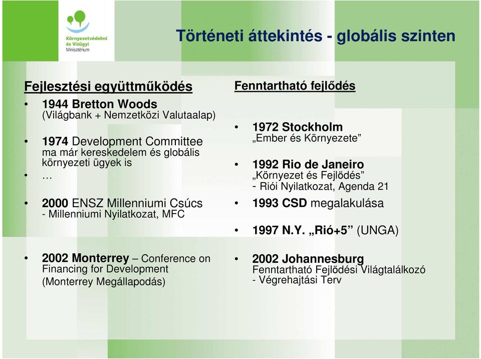 on Financing for Development (Monterrey Megállapodás) Fenntartható fejlıdés 1972 Stockholm Ember és Környezete 1992 Rio de Janeiro Környezet és