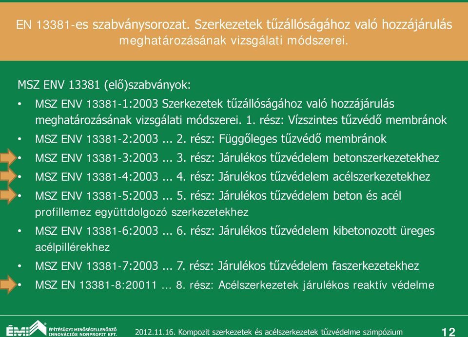 rész: Függőleges tűzvédő membránok MSZ ENV 13381-3:2003... 3. rész: Járulékos tűzvédelem betonszerkezetekhez MSZ ENV 13381-4:2003... 4.