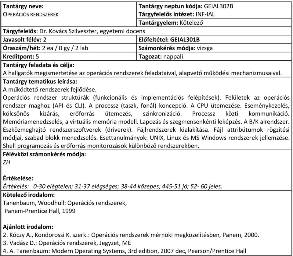 mechanizmusaival. A működtető rendszerek fejlődése. Operációs rendszer struktúrák (funkcionális és implementációs felépítések). Felületek az operációs rendszer maghoz (API és CLI).