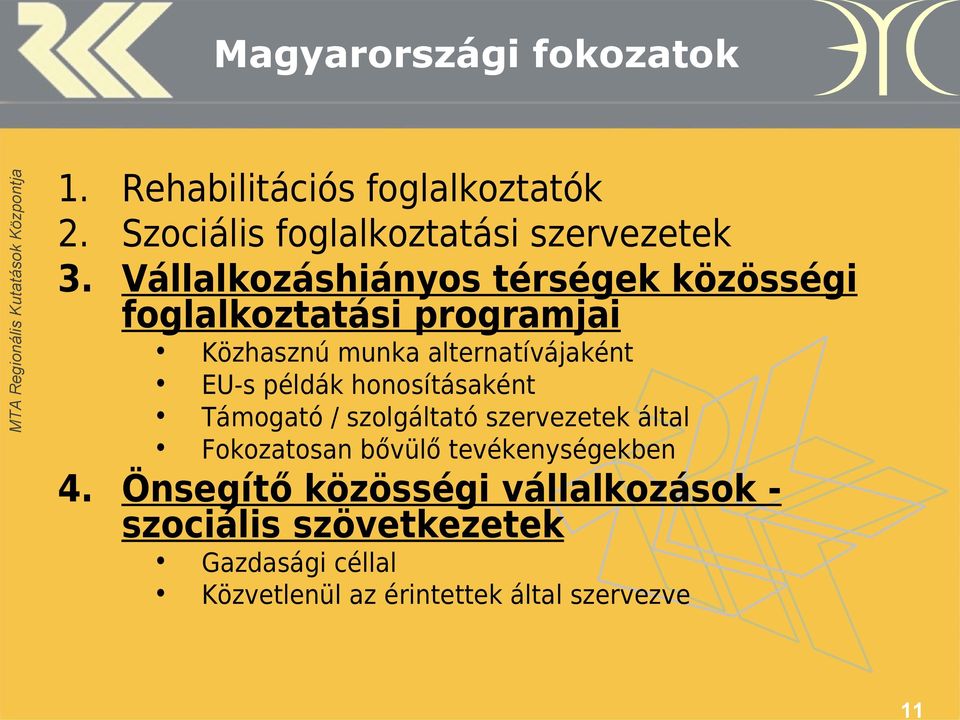 példák honosításaként Támogató / szolgáltató szervezetek által Fokozatosan bővülő tevékenységekben 4.