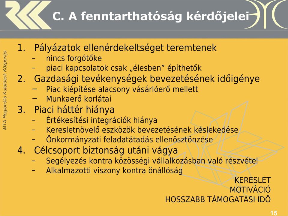 Piaci háttér hiánya Értékesítési integrációk hiánya Keresletnövelő eszközök bevezetésének késlekedése Önkormányzati feladatátadás