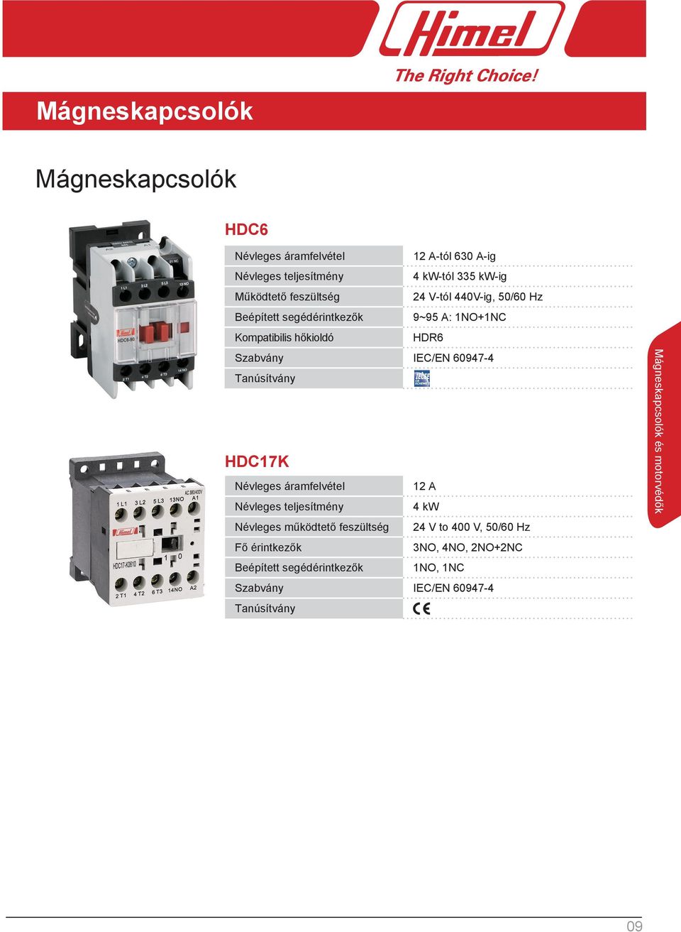 60947-4 Tanúsítvány HDC17K Névleges áramfelvétel 12 A Névleges teljesítmény 4 kw Névleges működtető feszültség 24 V to 400 V,