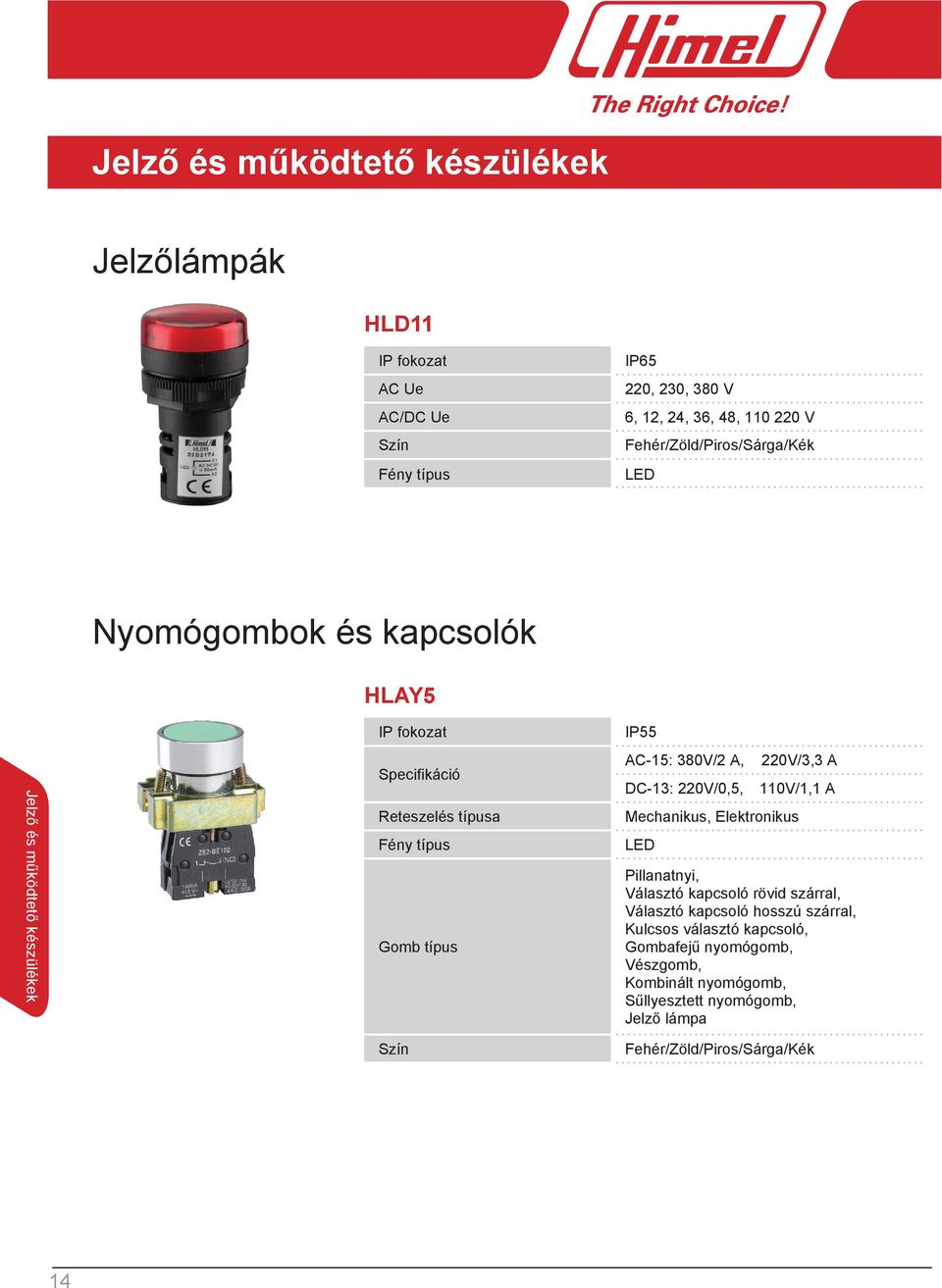 típus IP55 AC-15: 380V/2 A, 220V/3,3 A DC-13: 220V/0,5, 110V/1,1 A Mechanikus, Elektronikus LED Pillanatnyi, Választó kapcsoló rövid szárral, Választó