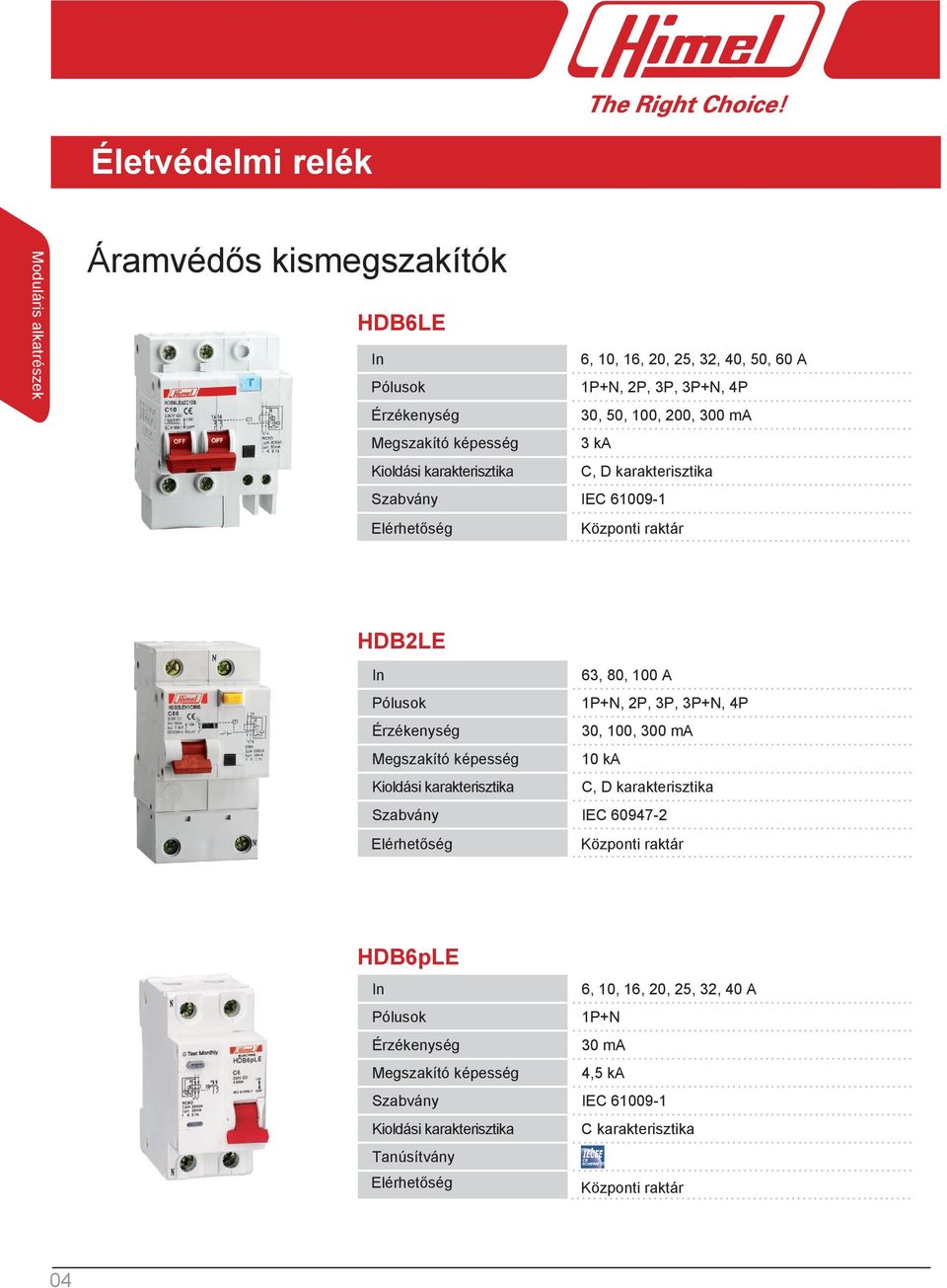 2P, 3P, 3P+N, 4P Érzékenység 30, 100, 300 ma Megszakító képesség 10 ka Kioldási karakterisztika C, D karakterisztika Szabvány IEC 60947-2 HDB6pLE In 6, 10,