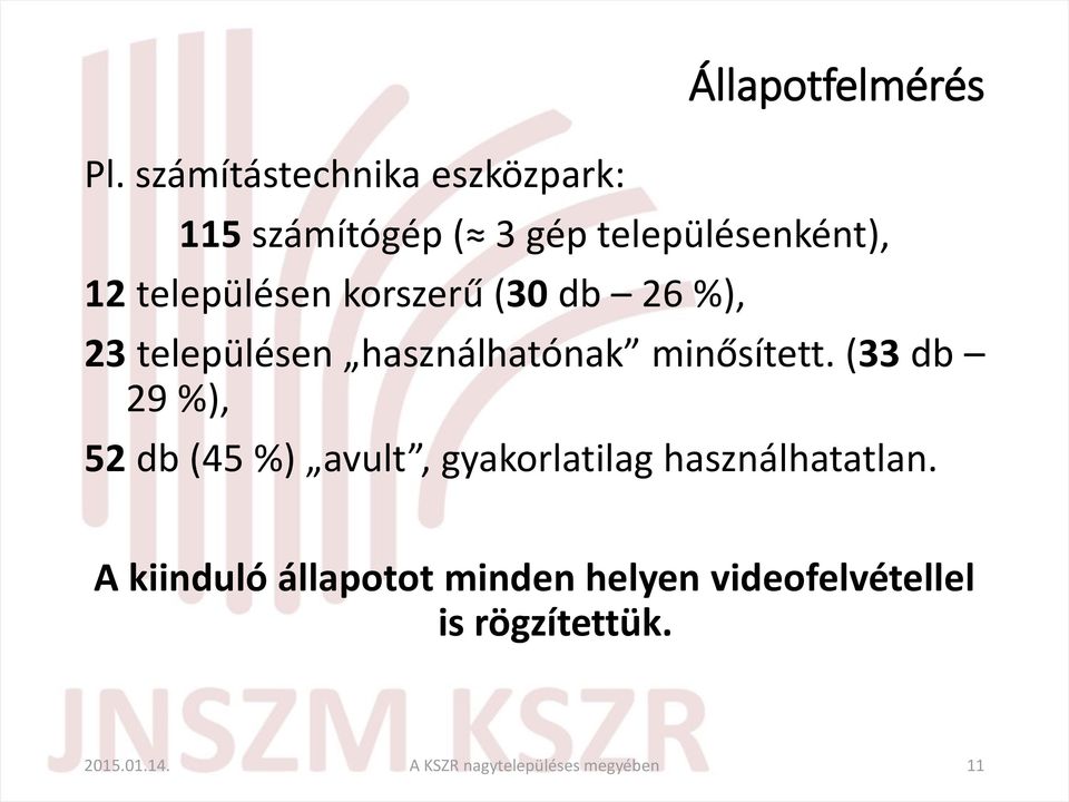 minősített. (33 db 29 %), 52 db (45 %) avult, gyakorlatilag használhatatlan.