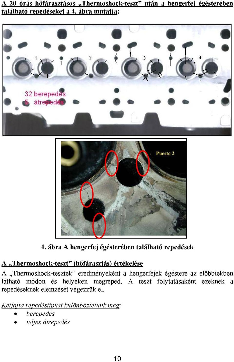 Thermoshock-tesztek eredményeként a hengerfejek égéstere az előbbiekben látható módon és helyeken megreped.