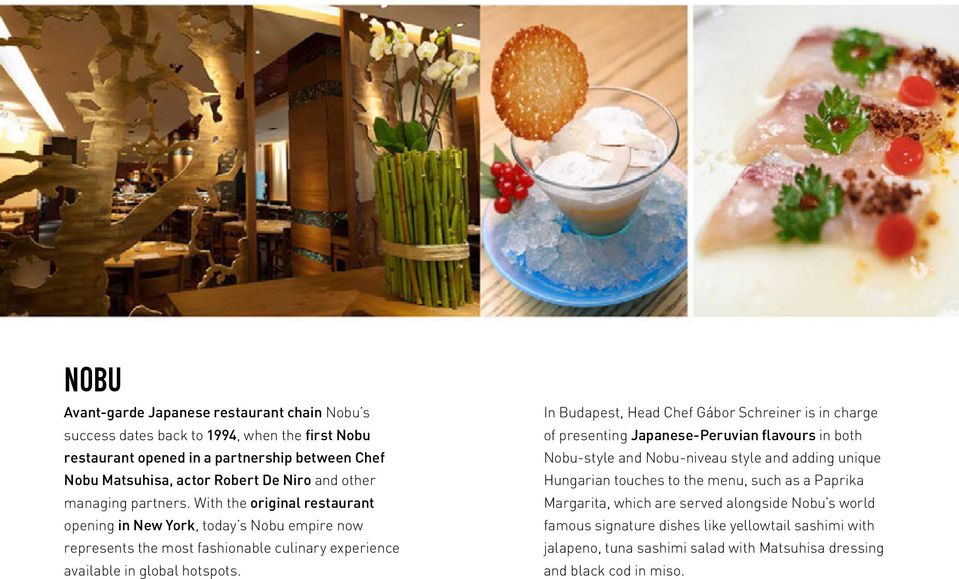 In Budapest, Head Chef Gábor Schreiner is in charge of presenting Japanese-Peruvian flavours in both Nobu-style and Nobu-niveau style and adding unique Hungarian touches to the menu,