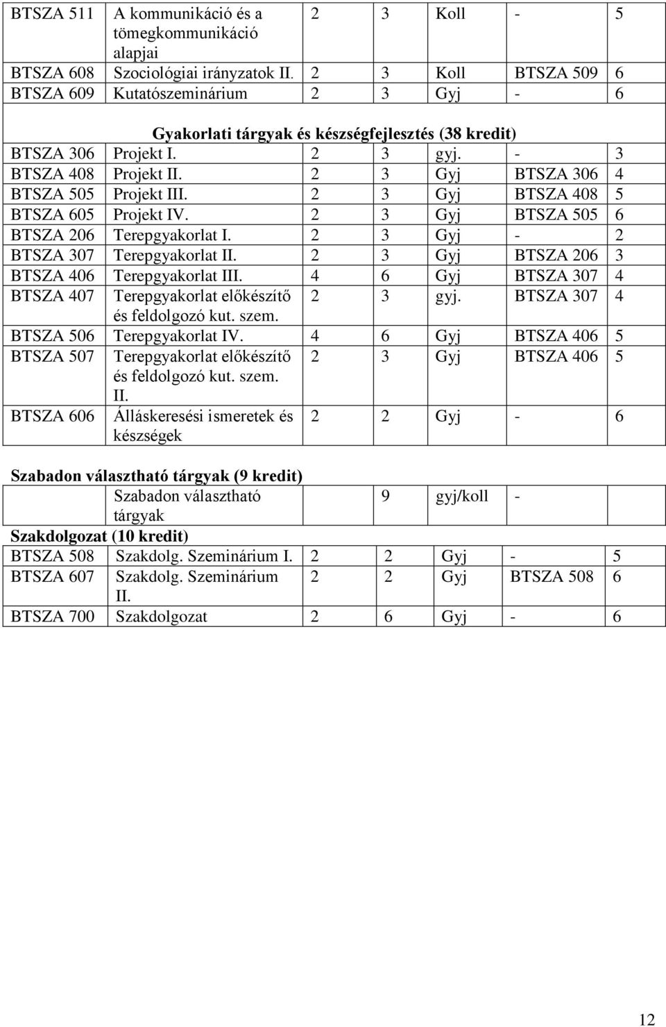 2 3 Gyj BTSZA 306 4 BTSZA 505 Projekt III. 2 3 Gyj BTSZA 408 5 BTSZA 605 Projekt IV. 2 3 Gyj BTSZA 505 6 BTSZA 206 Terepgyakorlat I. 2 3 Gyj - 2 BTSZA 307 Terepgyakorlat II.