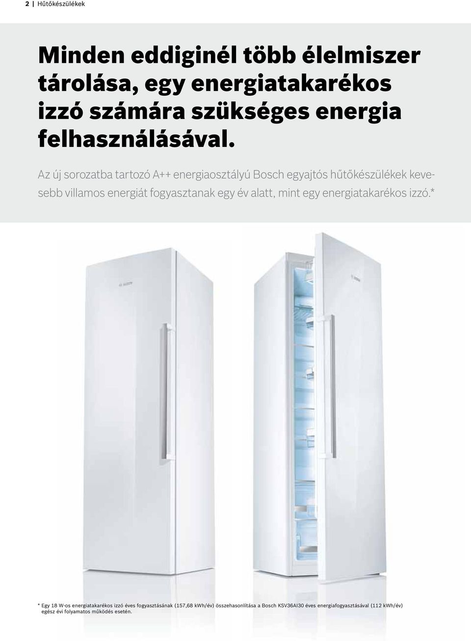 Az új sorozatba tartozó A++ energiaosztályú Bosch egyajtós hűtőkészülékek kevesebb villamos energiát fogyasztanak egy