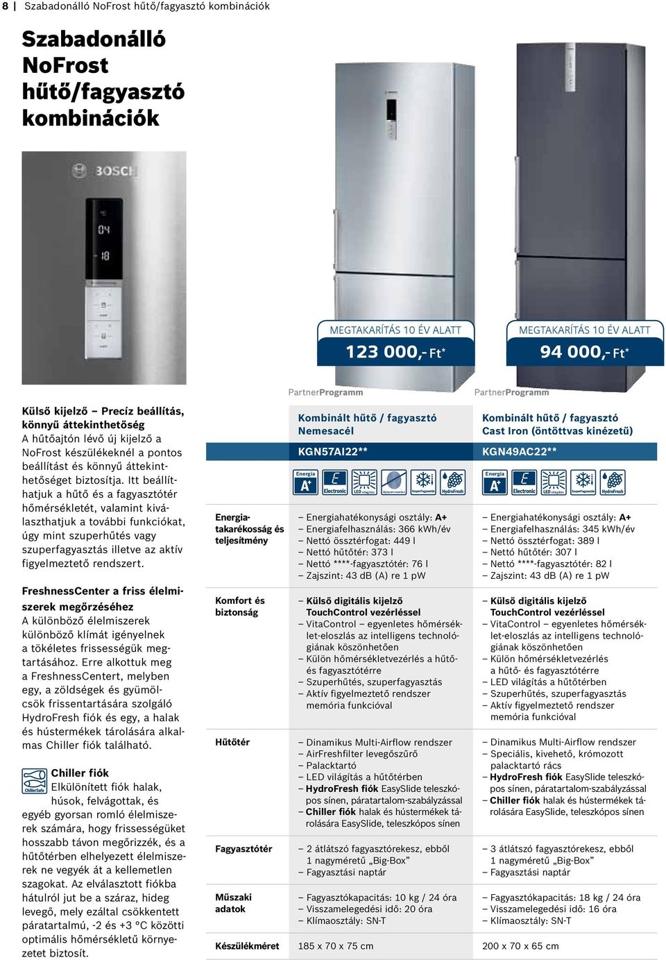 Itt beállíthatjuk a hűtő és a fagyasztótér hőmérsékletét, valamint kiválaszthatjuk a további funkciókat, úgy mint szuperhűtés vagy szuperfagyasztás illetve az aktív figyelmeztető rendszert.