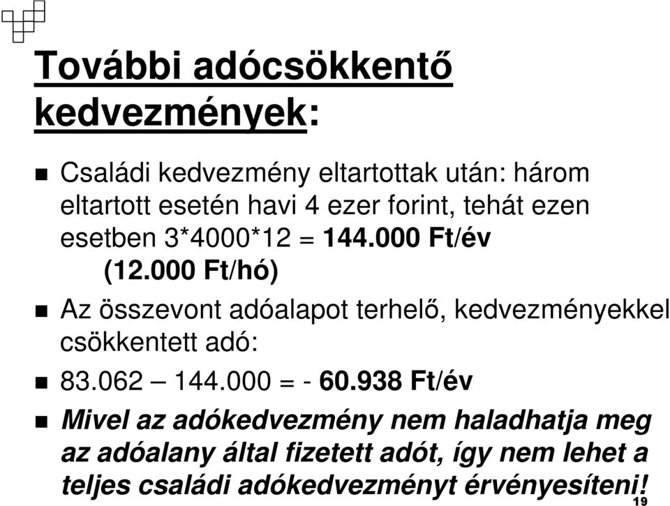 000 Ft/hó) Az összevont adóalapot terhelı, kedvezményekkel csökkentett adó: 83.062 144.000 = - 60.