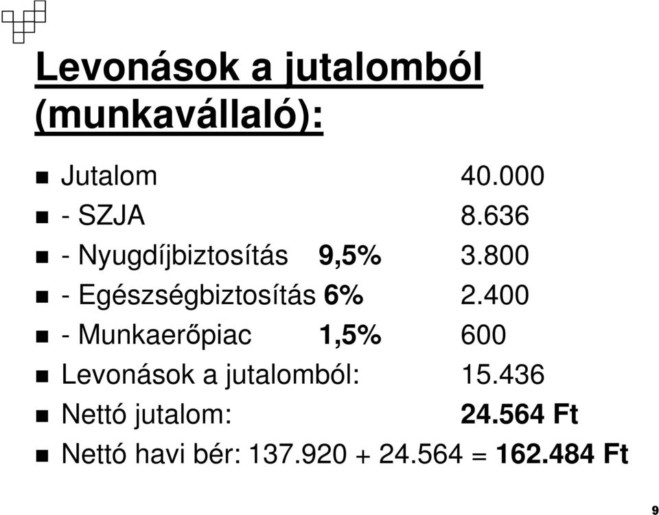 400 - Munkaerıpiac 1,5% 600 Levonások a jutalomból: 15.