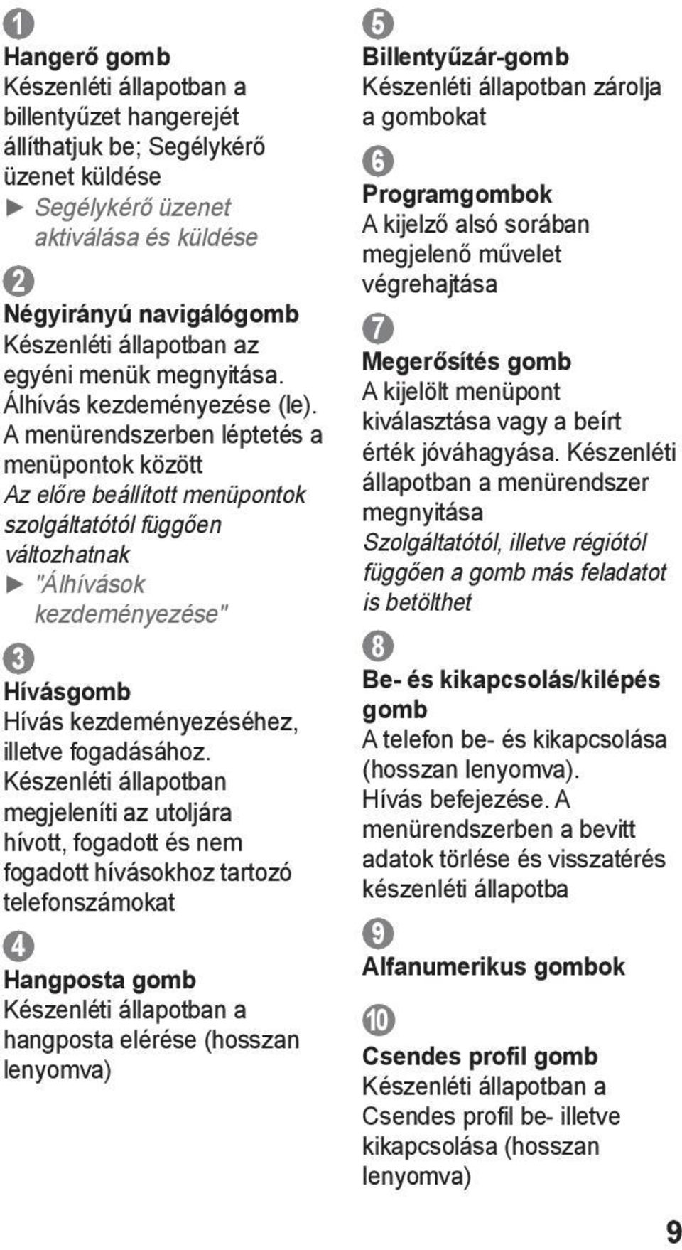 A menürendszerben léptetés a menüpontok között Az előre beállított menüpontok szolgáltatótól függően változhatnak "Álhívások kezdeményezése" 3 Hívásgomb Hívás kezdeményezéséhez, illetve fogadásához.