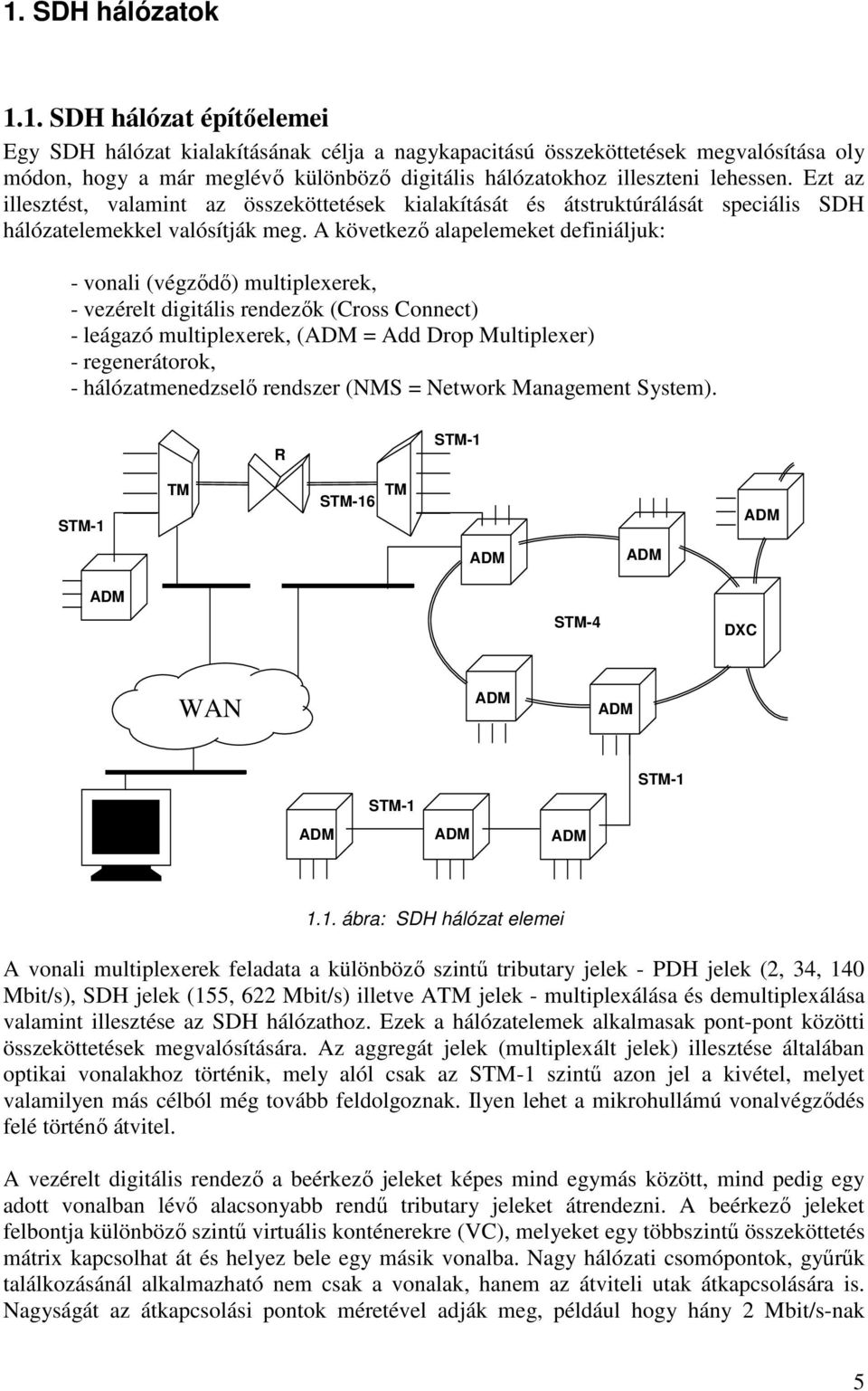 A következı alapelemeket definiáljuk: - vonali (végzıdı) multiplexerek, - vezérelt digitális rendezık (Cross Connect) - leágazó multiplexerek, (ADM = Add Drop Multiplexer) - regenerátorok, -