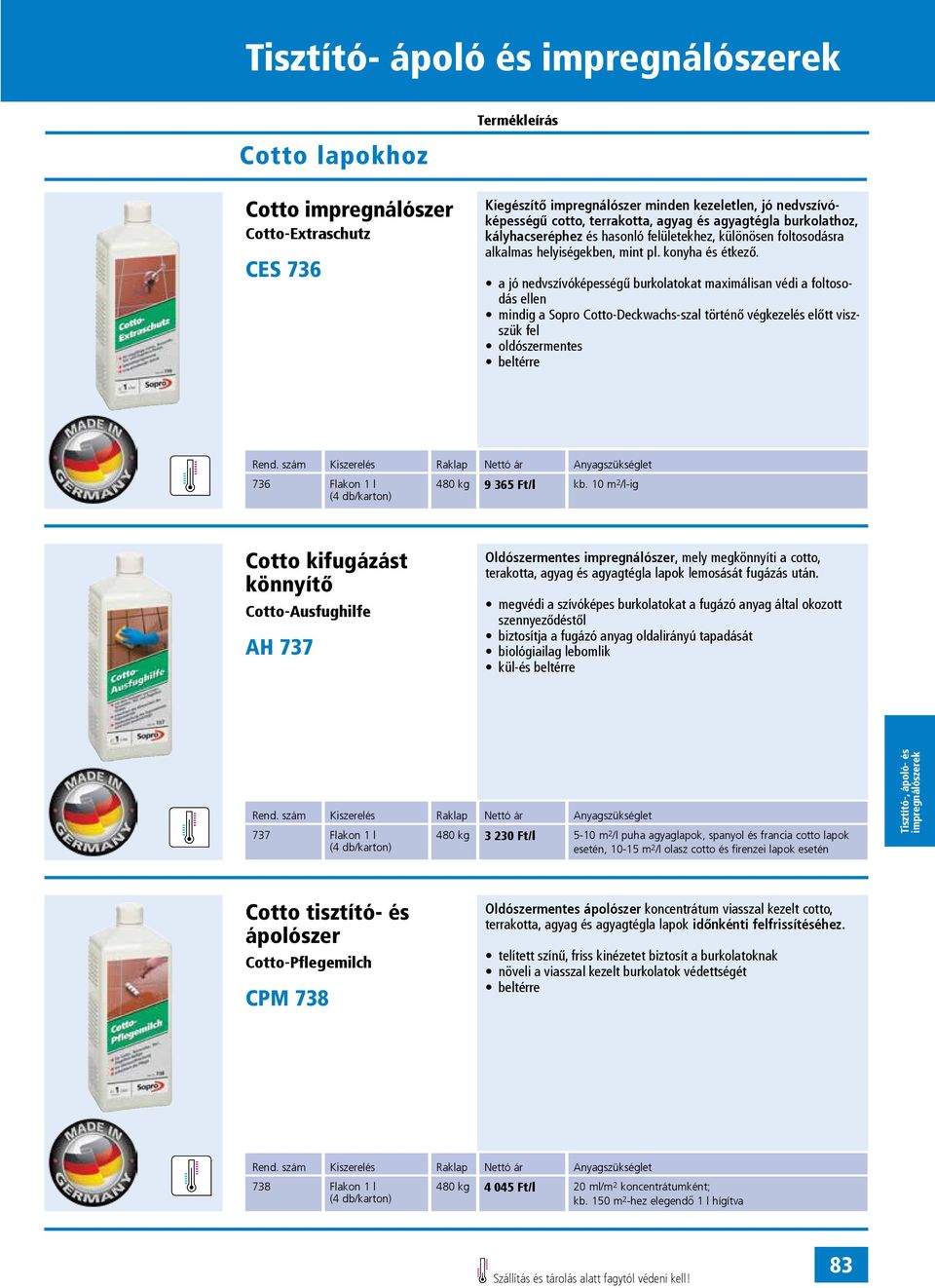 a jó nedvszívóképességű burkolatokat maximálisan védi a foltosodás ellen mindig a Sopro Cotto-Deckwachs-szal történő végkezelés előtt viszszük fel oldószermentes beltérre 736 Flakon 1 l 480 kg 9 365