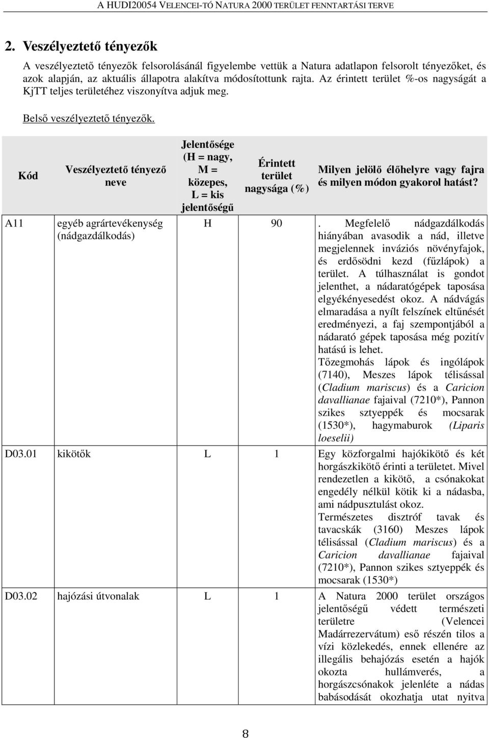 Az érintett terület %-os nagyságát a KjTT teljes területéhez viszonyítva adjuk meg. Belső veszélyeztető tényezők.