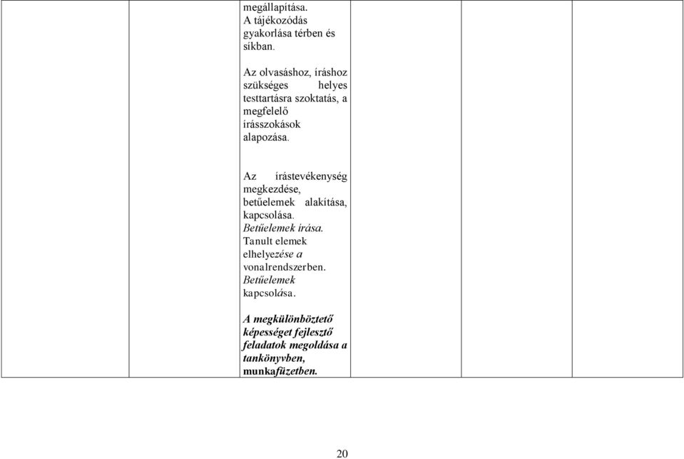 Az írástevékenység megkezdése, betűelemek alakítása, kapcsolása. Betűelemek írása.