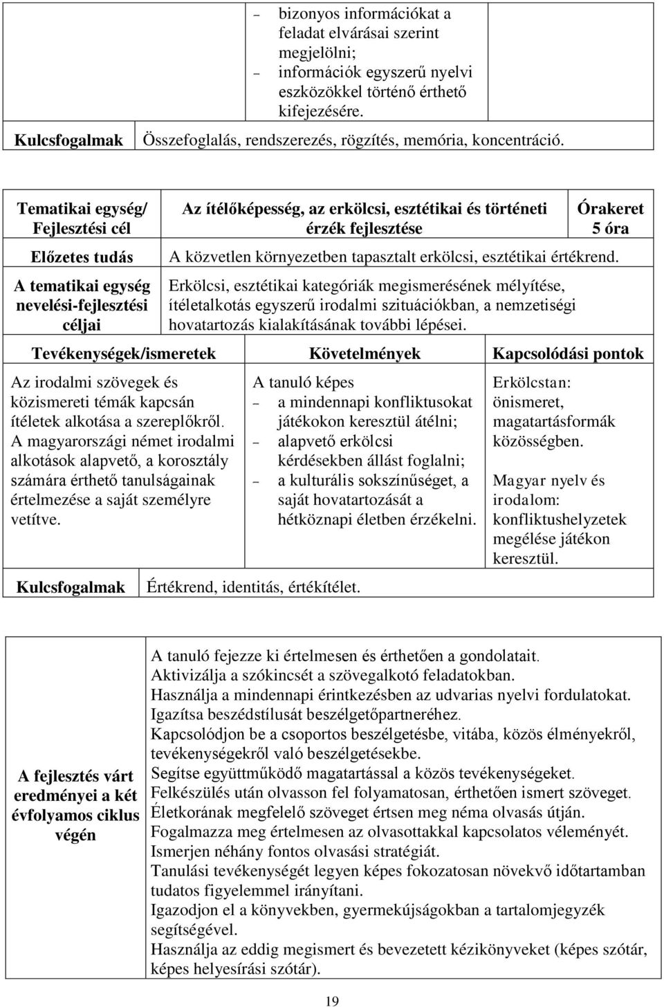 Erkölcsi, esztétikai kategóriák megismerésének mélyítése, ítéletalkotás egyszerű irodalmi szituációkban, a nemzetiségi hovatartozás kialakításának további lépései.