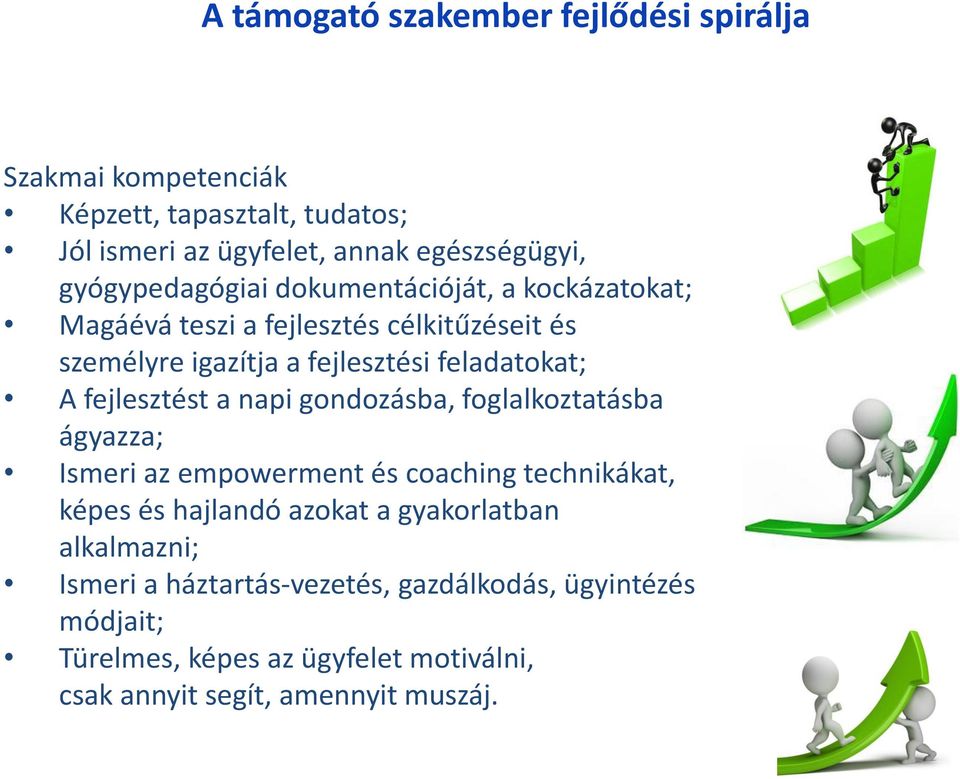 fejlesztést a napi gondozásba, foglalkoztatásba ágyazza; Ismeri az empowerment és coaching technikákat, képes és hajlandó azokat a