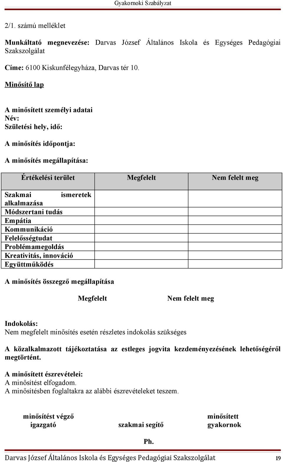 Módszertani tudás Empátia Kommunikáció Felelősségtudat Problémamegoldás Kreativitás, innováció Együttműködés A minősítés összegző megállapítása Megfelelt Nem felelt meg Indokolás: Nem megfelelt