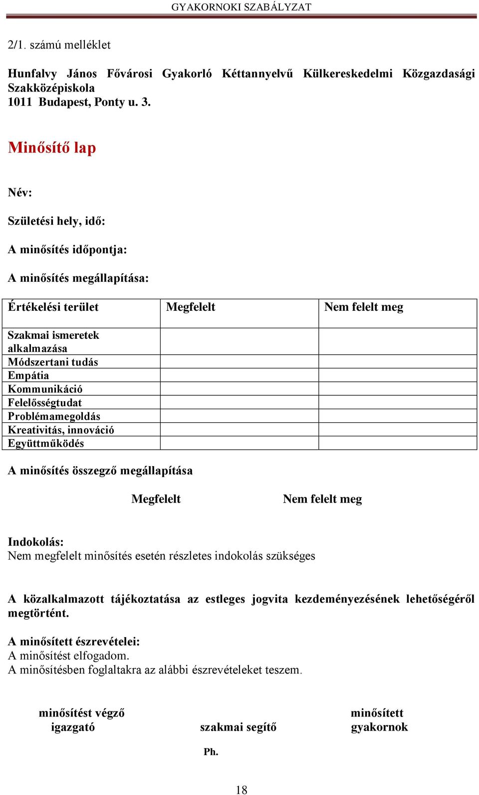 Kommunikáció Felelősségtudat Problémamegoldás Kreativitás, innováció Együttműködés A minősítés összegző megállapítása Megfelelt Nem felelt meg Indokolás: Nem megfelelt minősítés esetén részletes