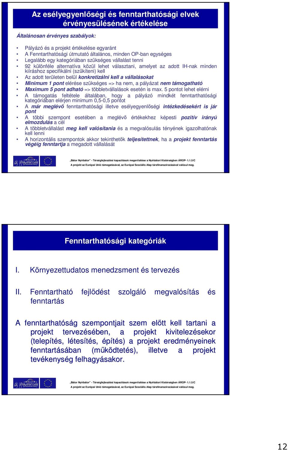 belül konkretizálni kell a vállalásokat Minimum 1 pont elérése szükséges => ha nem, a pályázat nem támogatható Maximum 5 pont adható => többletvállalások esetén is max.