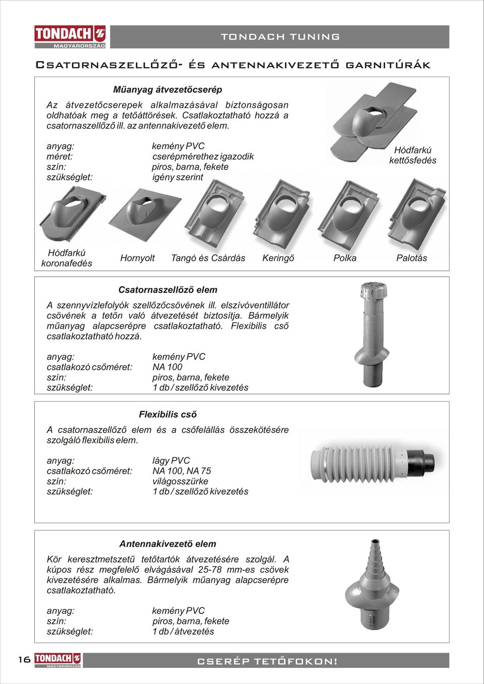 kemény PVC cserépmérethez igazodik Hódfarkú kettõsfedés Hódfarkú koronafedés Hornyolt Tangó és Csárdás Keringõ Polka Palotás Csatornaszellõzõ elem A szennyvízlefolyók szellõzõcsövének ill.