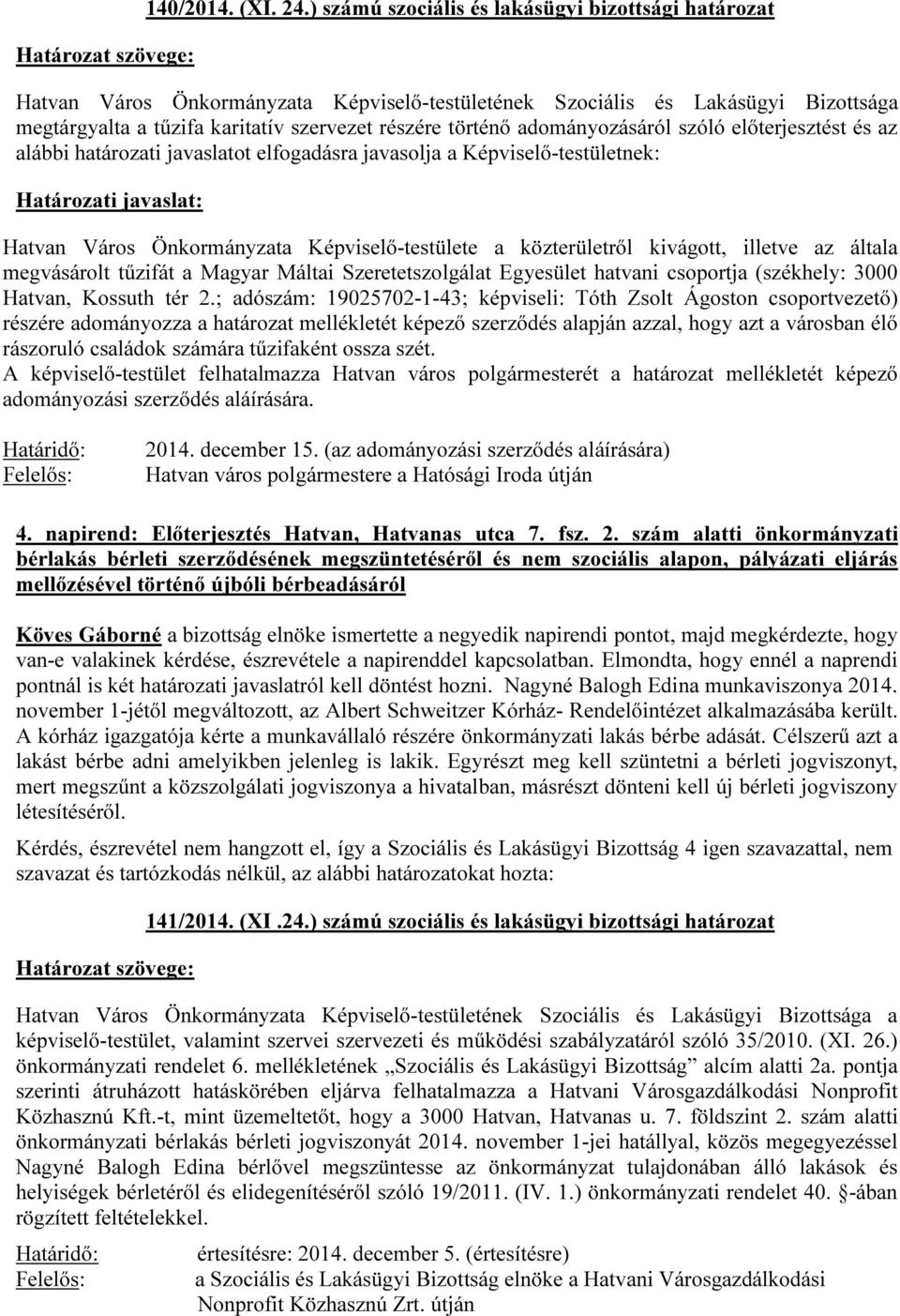 javasolja a Képviselő-testületnek: Hatvan Város Önkormányzata Képviselő-testülete a közterületről kivágott, illetve az általa megvásárolt tűzifát a Magyar Máltai Szeretetszolgálat Egyesület hatvani